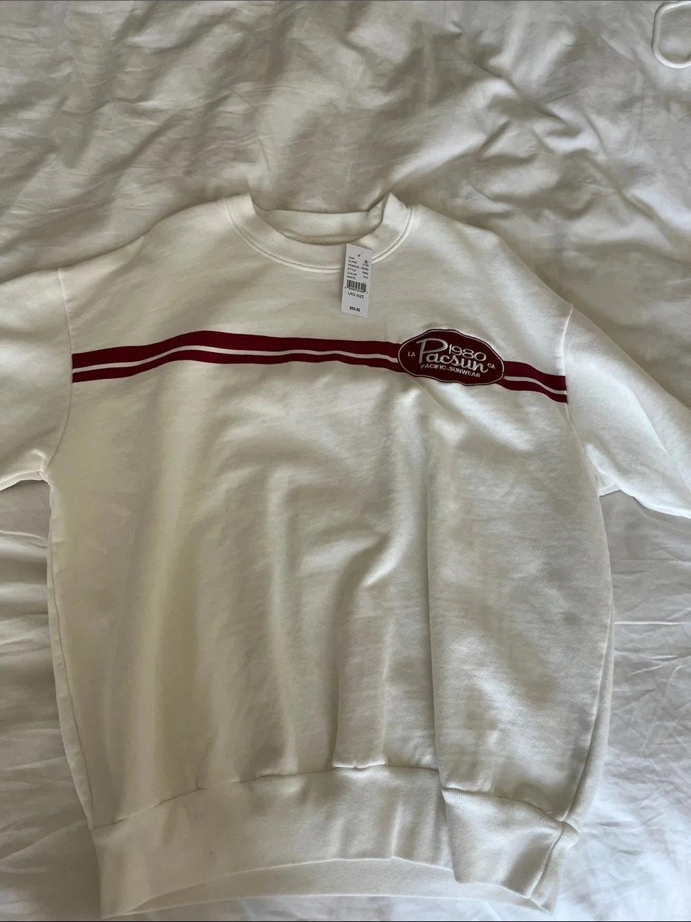 NWT PacSun Cream Crewneck Sweatshirt with Burgundy Stripe Unisex
